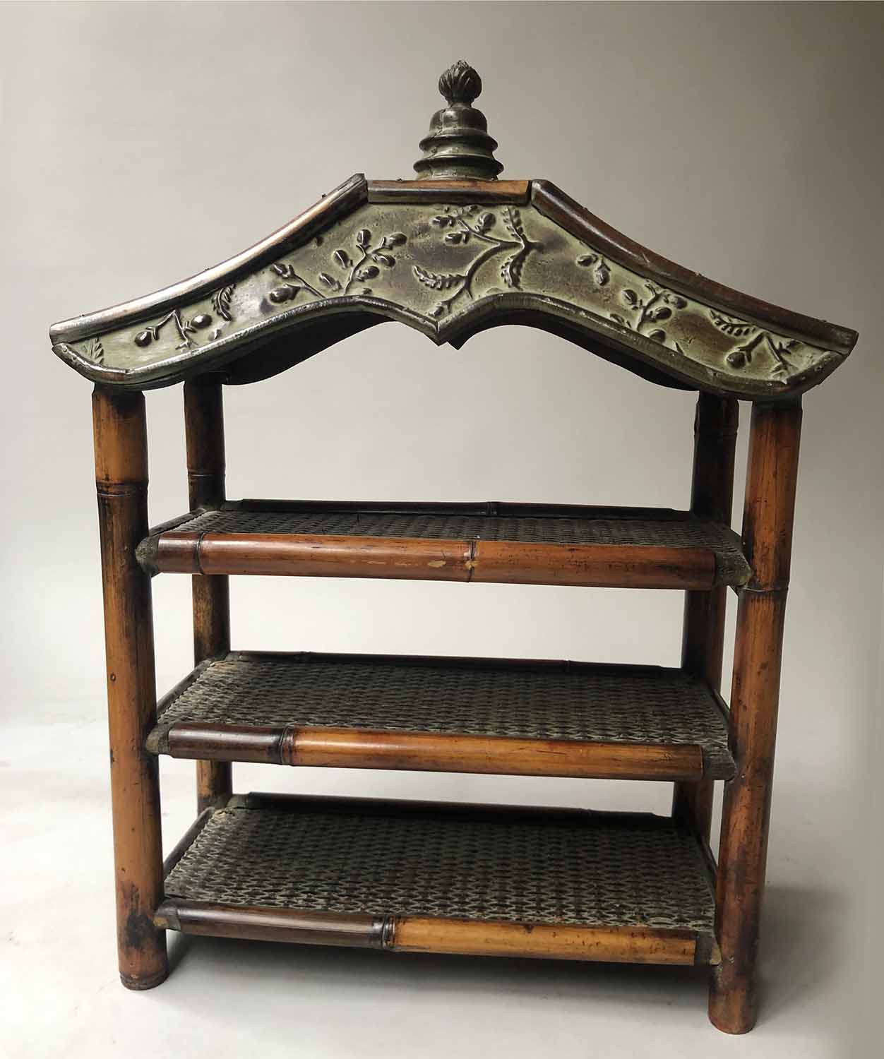 HANGING SHELVES, a pair, bamboo and cane shelved each with verdigris pagoda tops, 59cm H x 44cm W. - Image 2 of 3