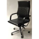 WILHANS ERGONOMIC DESK CHAIR, contemporary ribbed black leather revolving, reclining on castors,