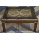 LOW TABLE, brass bound teak with old world map lined and glazed top, 37cm H x 77cm W x 59cm D.