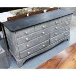 BANK OF NINE DRAWERS, grey painted distressed finish, 152cm x 76cm x 48.5cm.