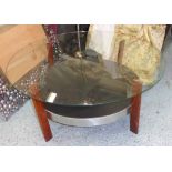 LOW TABLE, vintage, the glass top on rosewood supports with black leather undertier,