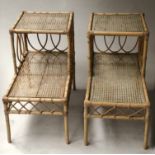 ETAGERES/LAMP TABLES, a pair, bamboo and cane panelled with two tiers and trellis sides,