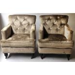 ARMCHAIRS, a pair, in buttoned grey sage chenille velvet with seat cushion, 69cm W.