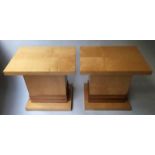 SIDE TABLES, a pair, Art Deco style birds eye maple each rectangular with stand,