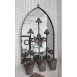 WALL PLANTER, mirrored with three metal pots, metal framed, 81cm H x 45cm.