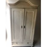ARMOIRE, French grey painted with arched cornice, two panelled doors, double hanging and drawer,