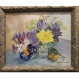 ANNA SOURBUTTS 'Still Life with Pansies', a pair of oil on canvas, signed, 24cm x 30cm, framed (2).