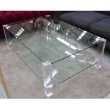 COFFEE TABLE, glass with under tier, with canted corners and perspex supports,