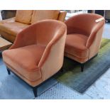 ARMCHAIRS, a pair, French art deco style, peach velvet upholstered, 74cm H.
