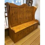 HALL SETTLE, country house style pine with a twin box base, 144cm H x 178cm W x 44cm D,