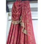 CURTAINS, a pair, burgundy damask with bird detail with attached swags, lined and interlined,