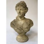 GARDEN CLASSICAL BUST, weathered reconstituted stone of classical figure, 40cm H.