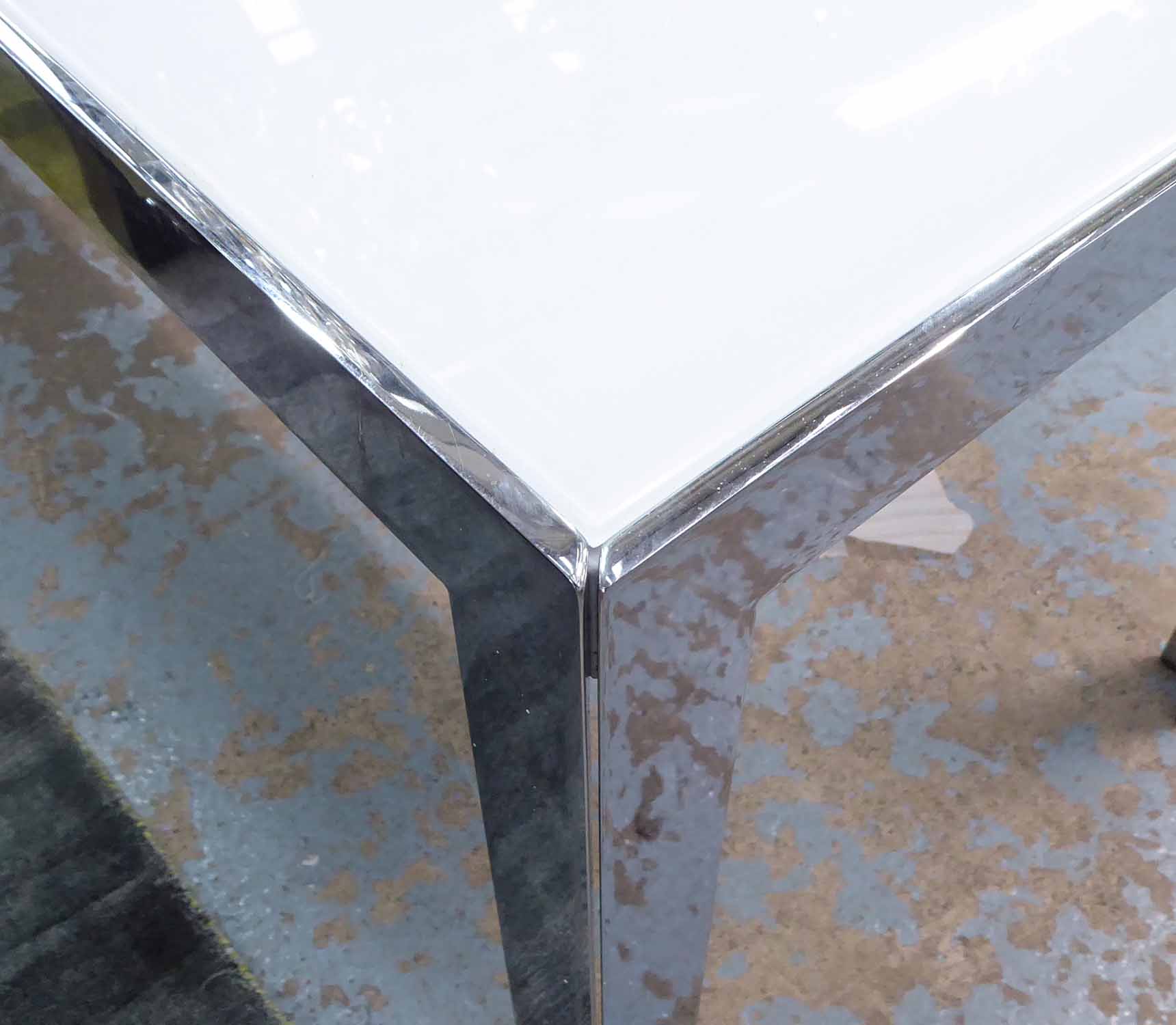 TABLE, opaque glass top, polished metal base, 67cm D x 172cm L x 74cm H. - Image 2 of 2