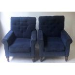 ARMCHAIRS, a pair, blue plush velvet with button back cushions and turned supports.