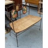 BENCH, Arts and Crafts style, wrought iron with a rush seat and floral painted back panels,