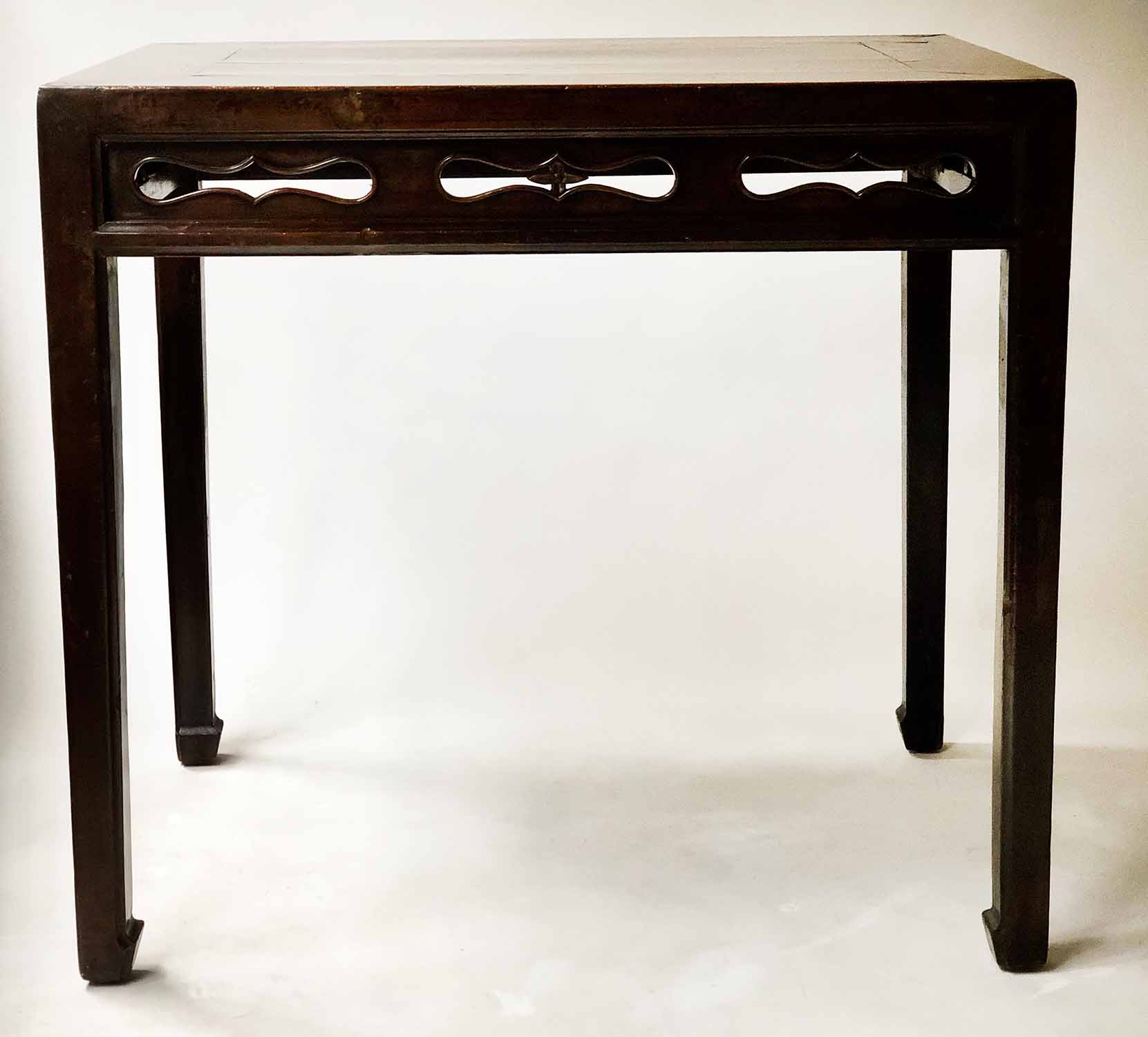 SCRIBES TABLE, 19th century Chinese lacquered hardwood channelled with pierced frieze, - Image 3 of 4