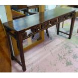 ALTAR TABLE, Chinese lacquered firwood with angular scrolling fieze, 90cm H x 180cm x 51cm.