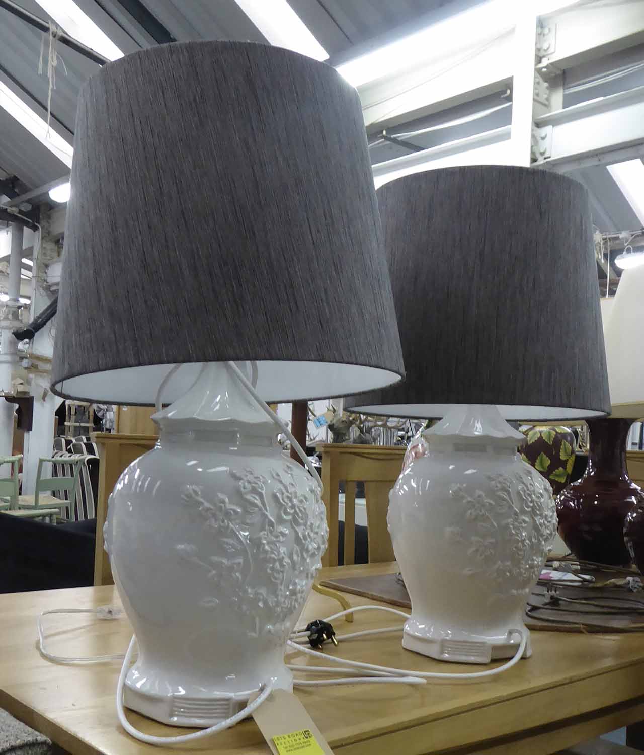 BLANC DE CHINE TABLE LAMPS, a pair, with shades, 69cm H.