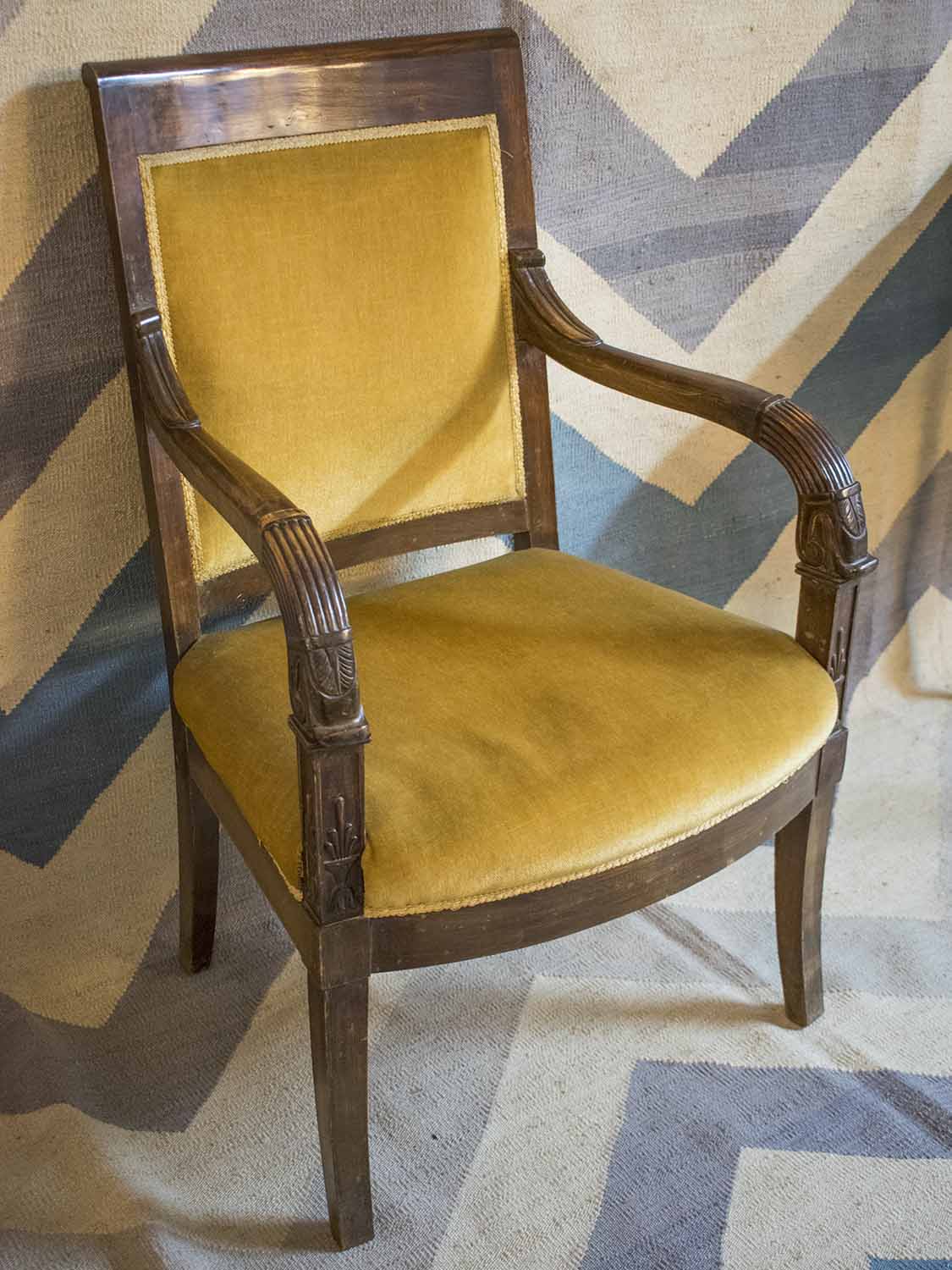 FAUTEUIL, Empire revival, circa 1900, stained fruitwood in gold plush, 58cm W.