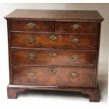 CHEST, early 18th century Queen Anne figured walnut with two short above three long drawers,