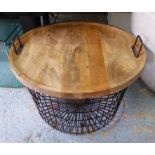 LOG BASKET, contemporary wire frame design with removable tray top, 52cm H x 78cm Diam approx.