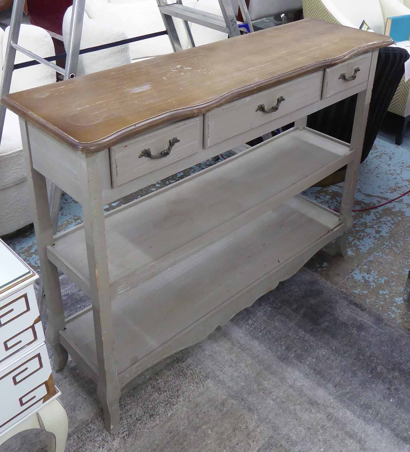 SIDE CONSOLE TABLE, with three drawers, distressed grey painted, 120cm W x 35cm D x 91cm H.
