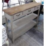 SIDE CONSOLE TABLE, with three drawers, distressed grey painted, 120cm W x 35cm D x 91cm H.