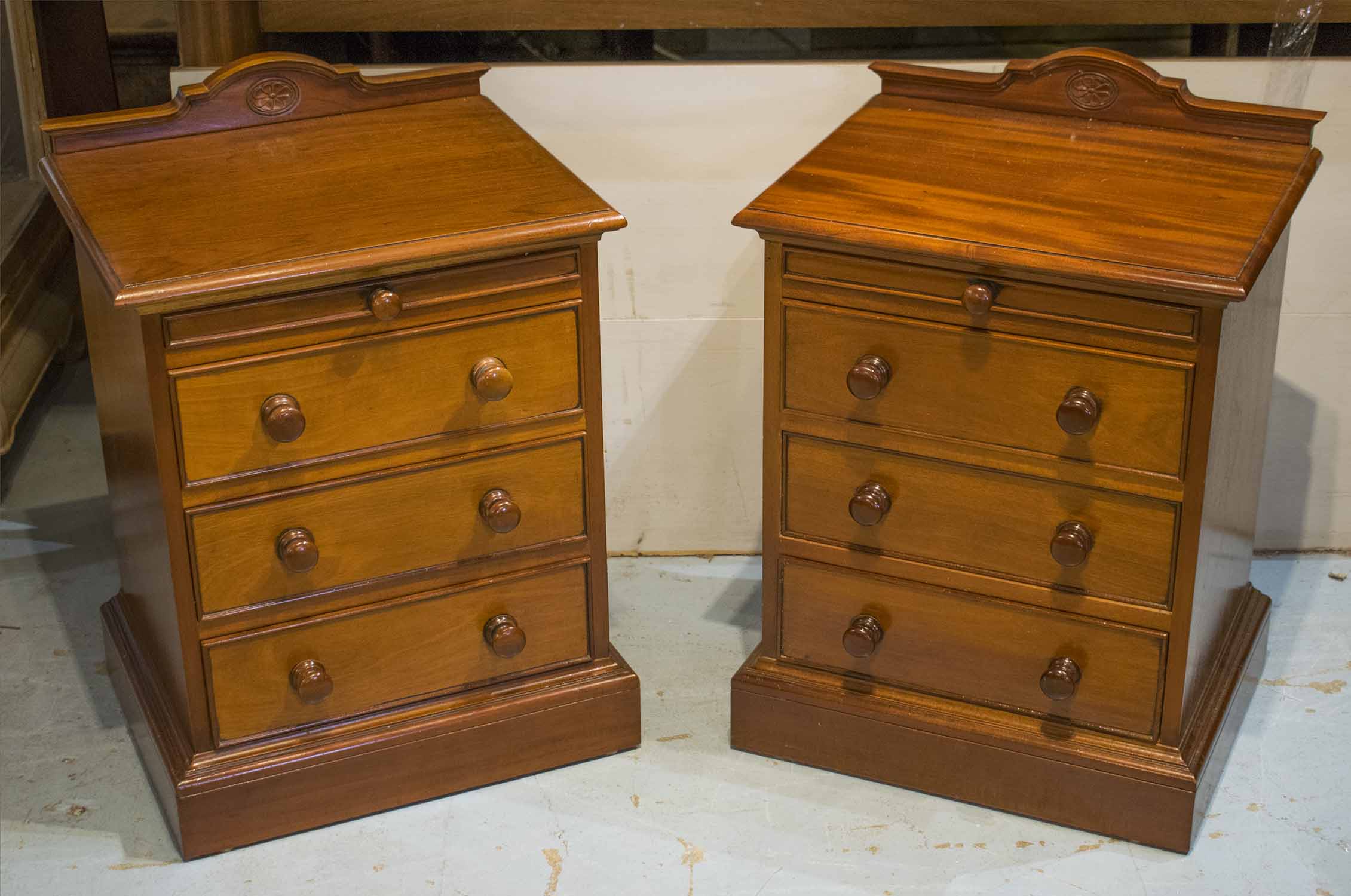 BEDSIDE CHESTS, a pair, Victorian style mahogany with a shallow drawer above three others,