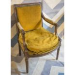 FAUTEUIL, 19th century French walnut with cushion seat in gold plush, 63cm W.