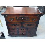 KURUMA TANSU CHEST, Japanese metal mounted with five drawers and a single door, 92cm x 40cm x 85cm.