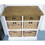 HOUSE KEEPERS SIDE CHEST, French Provincal style, with two drawers and wicker baskets,