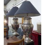 LAMPS, a pair of urn form of out size proportions, overall height including black shades, 103cm H.