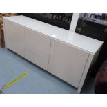SIDEBOARD, contemporary design white lacquered with frosted glass top, 193cmx 53cm x 75cm.