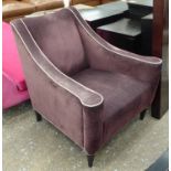 COCKTAIL CHAIR, 1950's Italian style, purple fabric upholstered with white piping, 76cm W.