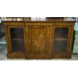 BREAKFRONT CREDENZA, mid Victorian walnut and marquetry with panel door flanked by glazed doors,