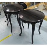 COACH HOUSE SIDE TABLES, a pair, black marble tops on ebonised bases, 64cm H x 60cm D approx.