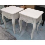 BEDSIDE TABLES, cream painted with frieze drawers and cabriole supports, 46cm x 46cm D x 65cm H.