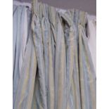 CURTAINS, a pair, striped silk, blue and gold, lined and interlined,