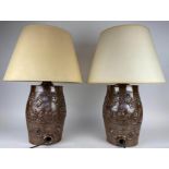 SPIRIT BARREL TABLE LAMPS, a pair, converted 19th century saltglaze stoneware spirit barrels,