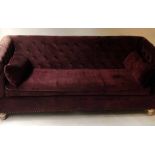 SOFA, contemporary buttoned burgundy velvet, with seat cushion and turned supports, 208cm W.