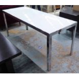 TABLE, opaque glass top, polished metal base, 67cm D x 172cm L x 74cm H.