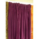 CURTAINS, a pair, contemporary purple velvet, lined and interlined,