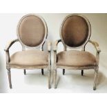 FAUTEUILS, a pair, Louis XVI style limed oak with taupe linen upholstery, 64cm W.