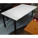 TABLE, with an asymmetric white marble top on a metal base, 171cm L x 100cm D x 74cm H.