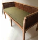 VERANDAH BENCH, Colonial style faded teak and cane panelled with optional green cushion, 170cm W.