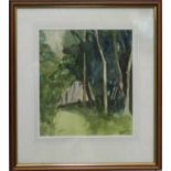 ENID GORDON 'Path through Wood', watercolour, signed, labelled verso, 28cm x 31cm, framed.