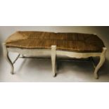 HEARTH BENCH, Louis XV style, traditionally grey painted, with rush seat and stretchered supports,
