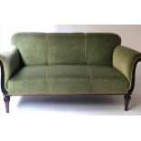 ART DECO SOFA, mid green velvet with rounded arms and turned, carved supports, 180cm W.