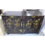 SIDE CABINETS, a pair, Chinese export style, ebonised with pictorial detail, 67cm x 44.5cm x 90cm.