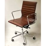 REVOLVING DESK CHAIR, Charles and Ray Eames inspired, ribbed, hand dyed brown leather upholstered,